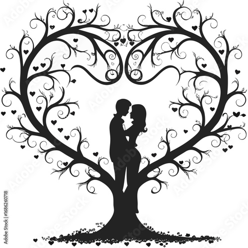 Romantic Silhouette of Couple Embracing Beneath Heart Shaped Tree A Symbolic Depiction of Love Connection and Nature's Embrace