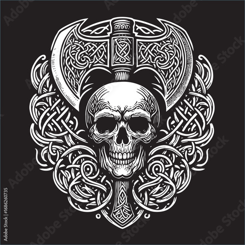 A illustrator vector of Celtic Skull head with weapon drawing in black white line