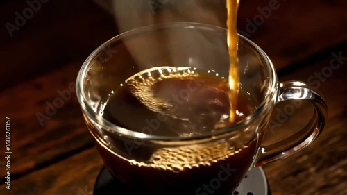 Hot dark coffee being poured into a clear glass mug with steam rising on a wooden table