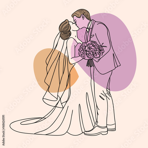 Line Art Wedding Bliss Capturing a Tender Moment of a Bride and Groom United in Love and Happiness