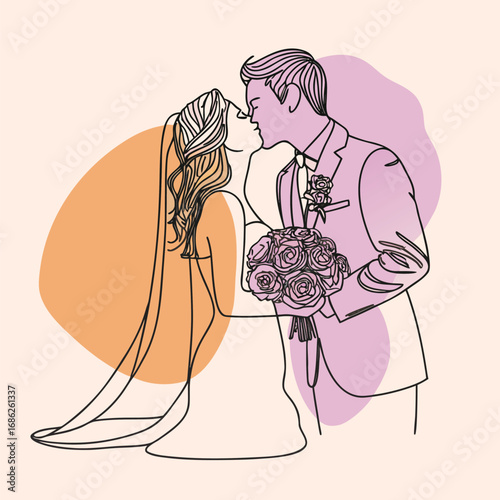 Line Art Wedding Bliss Capturing a Tender Moment of a Bride and Groom United in Love and Happiness