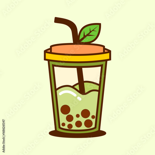 Refreshing Matcha Bubble Tea Illustration with Straw and Leaf. Perfect for use in food branding, digital stickers, menu design, beverage packaging, kawaii art