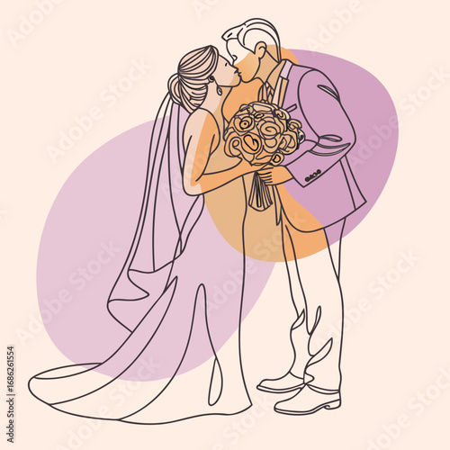 Line Art Wedding Bliss Capturing a Tender Moment of a Bride and Groom United in Love and Happiness