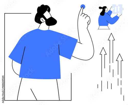 Two individuals in minimalist style discussing progress and growth. One interacts with a button, the other holds data symbols. Ideal for teamwork, planning, leadership, success, innovation