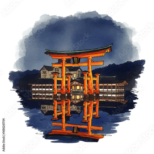 Nighttime watercolor painting of a Japanese torii gate and temple reflected in calm water.