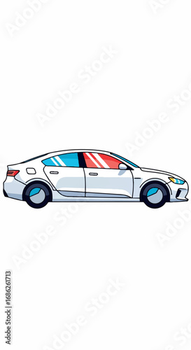 White Car with Red and Blue Windows.