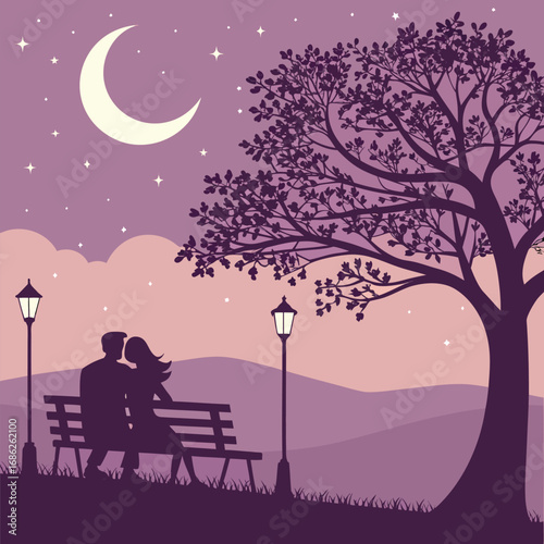 Romantic Silhouette Scene A Couple On A Bench Under A Tree Gazing At The Moon With Stars