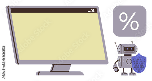 Desktop monitor with blank screen beside a robot holding a shield featuring binary code and percentage icon. Ideal for cybersecurity, AI protection, software, automation, programming, innovation