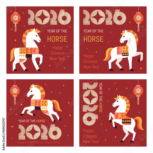 A set of square geometric style 2026 Chinese New Year Horse greeting cards. Suitable for social media