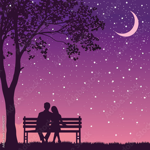 Romantic Silhouette Scene A Couple On A Bench Under A Tree Gazing At The Moon With Stars