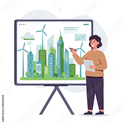 A person gestures at a screen with a cityscape wind turbines and charts