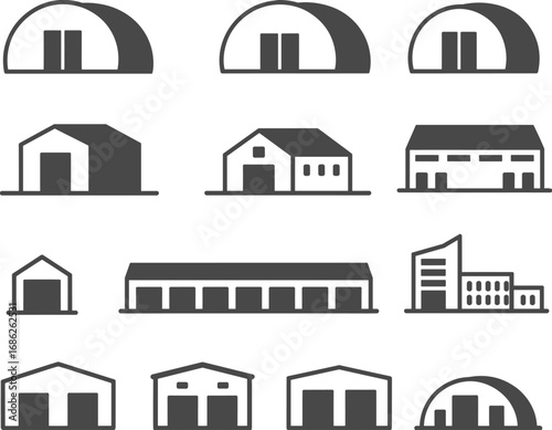 Warehouse icon set, industrial storage building, flat design, factory warehouse, commercial shed, barn, hangar, editable vector illustration