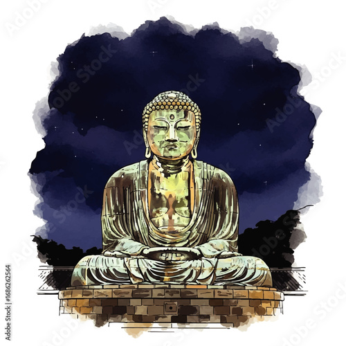 A majestic bronze Buddha statue sits in serene meditation under a starry, watercolor night sky.