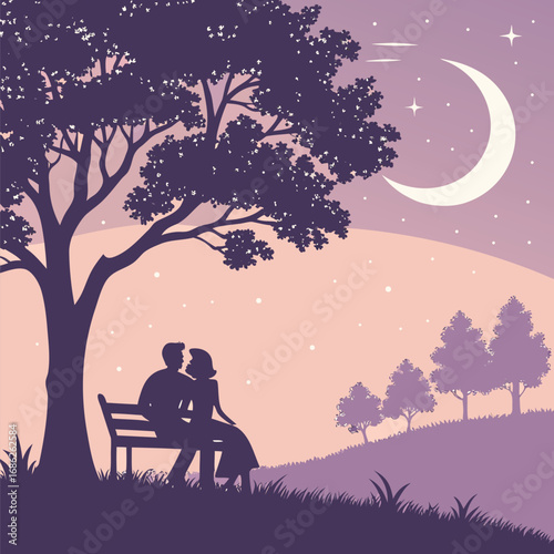 Romantic Silhouette Scene A Couple On A Bench Under A Tree Gazing At The Moon With Stars
