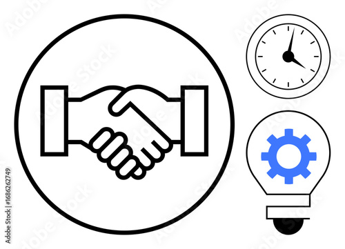 Handshake emphasizing partnership, clock for time management, lightbulb with gear for innovation. Ideal for teamwork, productivity, business, innovation, collaboration, partnerships scheduling