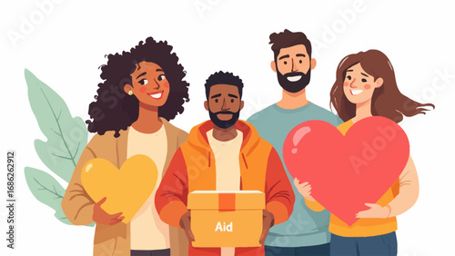 Flat vector illustration showing diverse people holding aid boxes and heart icons. Represents support, charity, and global humanitarian values in a clean modern design