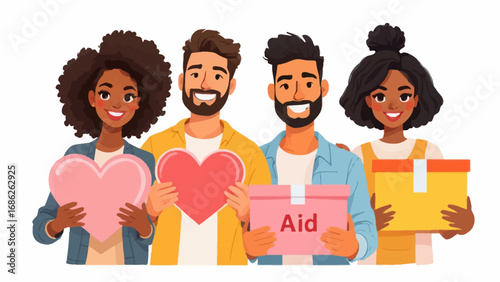 Flat vector illustration showing diverse people holding aid boxes and heart icons. Represents support, charity, and global humanitarian values in a clean modern design