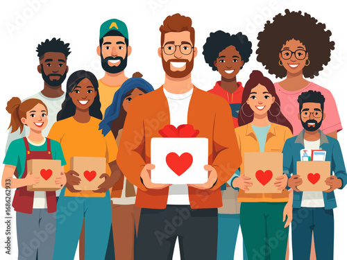 Flat vector illustration showing diverse people holding aid boxes and heart icons. Represents support, charity, and global humanitarian values in a clean modern design