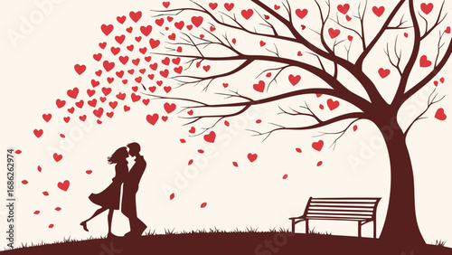 Romantic Embrace Under a Heart Tree A Silhouette of Love and Connection in a Serene Park Setting