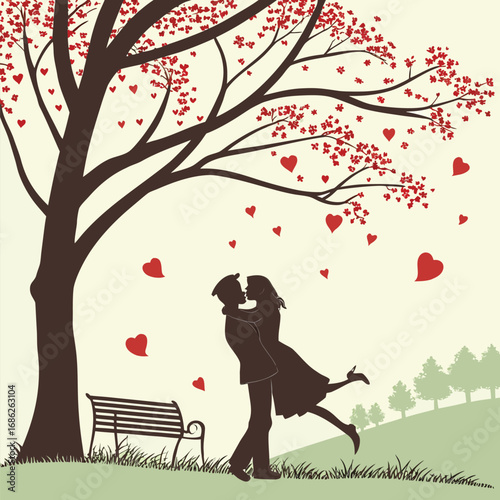 Romantic Embrace Under a Heart Tree A Silhouette of Love and Connection in a Serene Park Setting