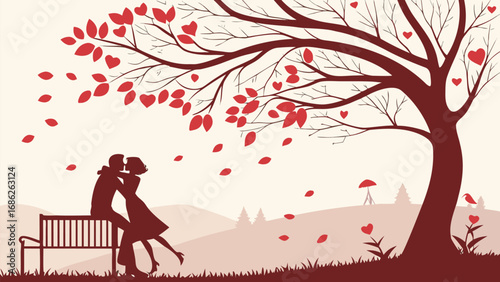 Romantic Embrace Under a Heart Tree A Silhouette of Love and Connection in a Serene Park Setting