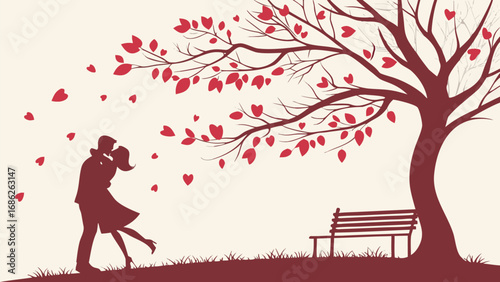 Romantic Embrace Under a Heart Tree A Silhouette of Love and Connection in a Serene Park Setting