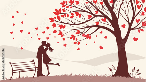 Romantic Embrace Under a Heart Tree A Silhouette of Love and Connection in a Serene Park Setting