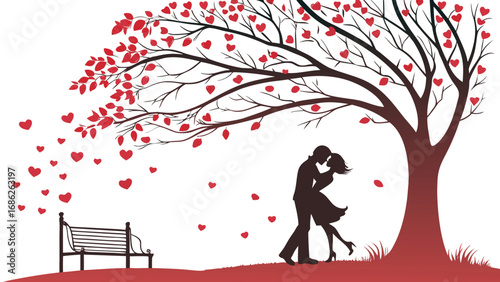 Romantic Embrace Under a Heart Tree A Silhouette of Love and Connection in a Serene Park Setting