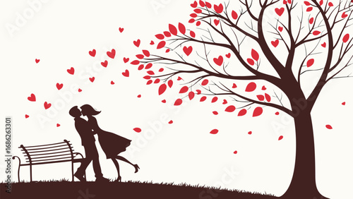 Romantic Embrace Under a Heart Tree A Silhouette of Love and Connection in a Serene Park Setting