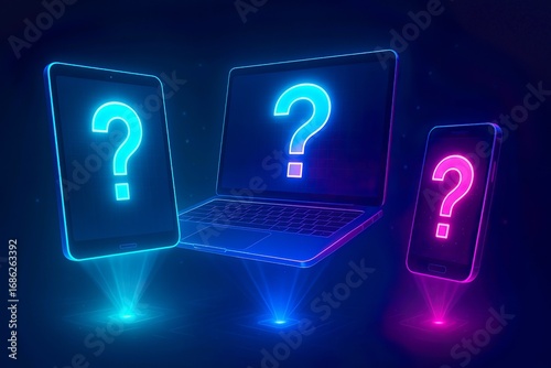 holograpic  neon question mark projected from a laptop, tablet, and smartphone screen	