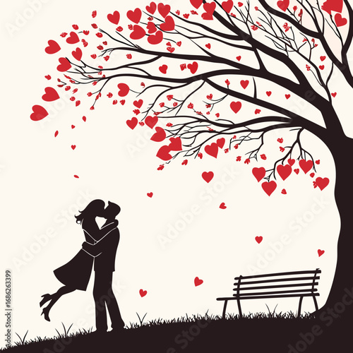Romantic Embrace Under a Heart Tree A Silhouette of Love and Connection in a Serene Park Setting