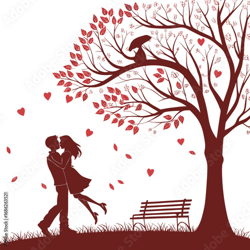 Romantic Embrace Under a Heart Tree A Silhouette of Love and Connection in a Serene Park Setting