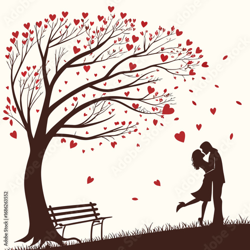 Romantic Embrace Under a Heart Tree A Silhouette of Love and Connection in a Serene Park Setting