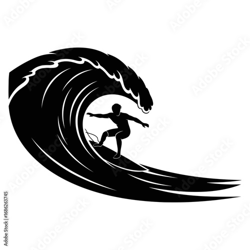 Surfer riding a large wave silhouette isolated on white background