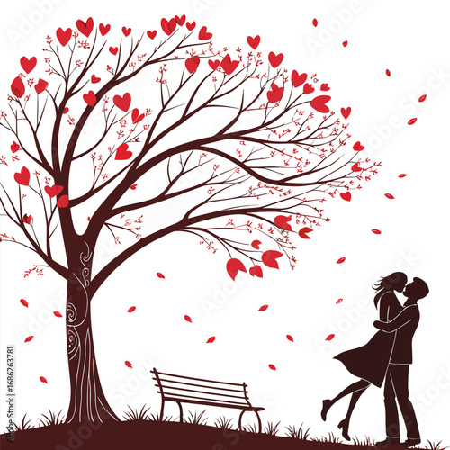 Romantic Embrace Under a Heart Tree A Silhouette of Love and Connection in a Serene Park Setting