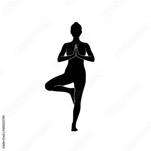 Woman performing yoga tree pose silhouette isolated on white background