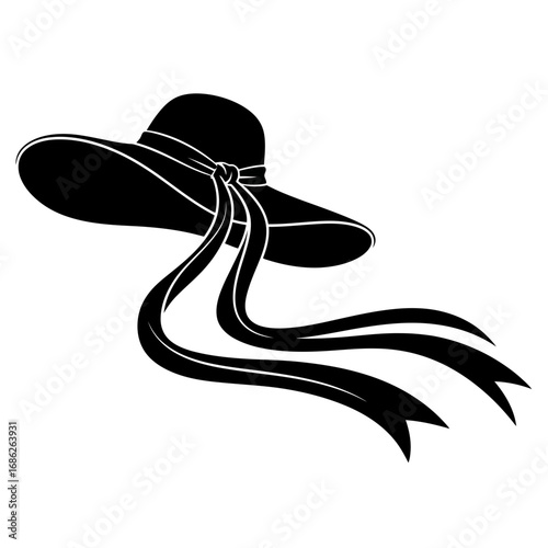 Black wide brim hat with ribbon silhouette isolated on white background