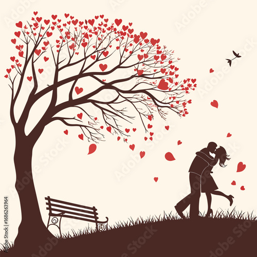 Romantic Embrace Under a Heart Tree A Silhouette of Love and Connection in a Serene Park Setting