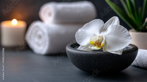 Tranquil Spa Setting with Orchid Flower, Rolled Towels, Candle, and Green Plant Decor