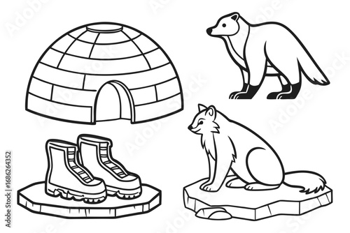 Vector art of arctic animals and igloo doodle, vector illustration