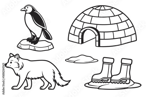 Vector art of arctic animals and igloo in line art style