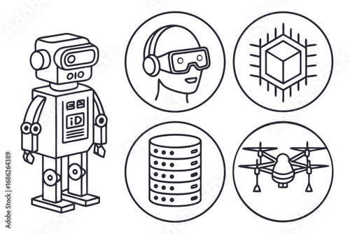 Vector art of artificial intelligence icons including robot, vr headset and drone