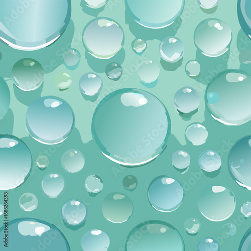 Seamless vector pattern of transparent water droplets on glossy mint background