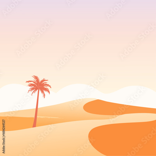 Vector illustration of surreal desert landscape with rolling dunes in apricot orange and lavender gradient sky