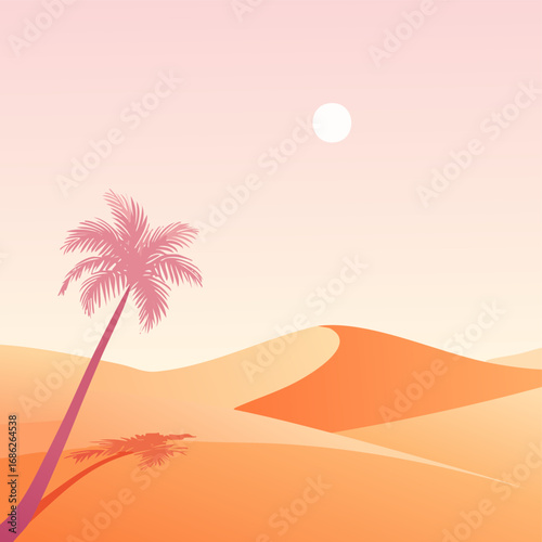 Vector illustration of surreal desert landscape with rolling dunes in apricot orange and lavender gradient sky