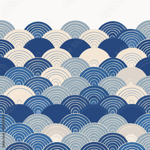 Vector seamless pattern of stylized Japanese waves with minimal stroke weight in dusty indigo and ivory