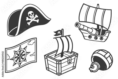 Vector art of cartoon pirate hat, ship, flag, treasure chest, and cannon illustration