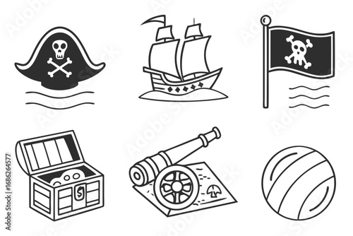 Vector art of cartoon pirate hat, ship, flag, treasure chest, cannon, and bomb illustration