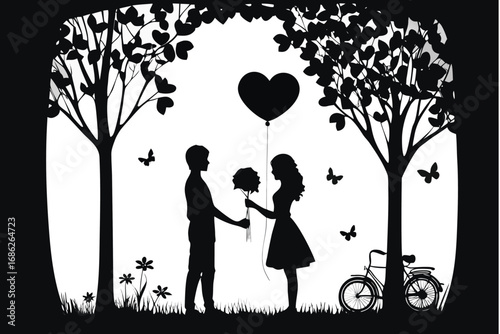 Romantic Silhouette Scene Young Couple Bicycle Heart Balloon Blossoming Trees Butterflies and Love in a Dreamy Black and White Landscape