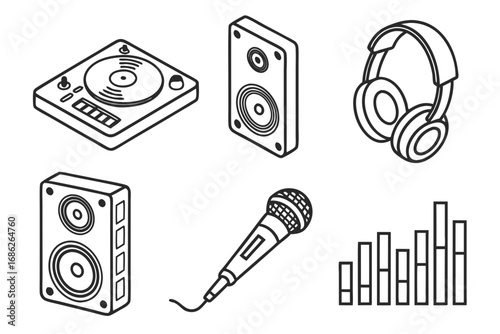 Vector art of isometric music equipment in outline style